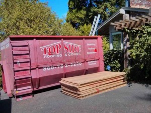 The giant dumpster and a large stack of replacement plywood.